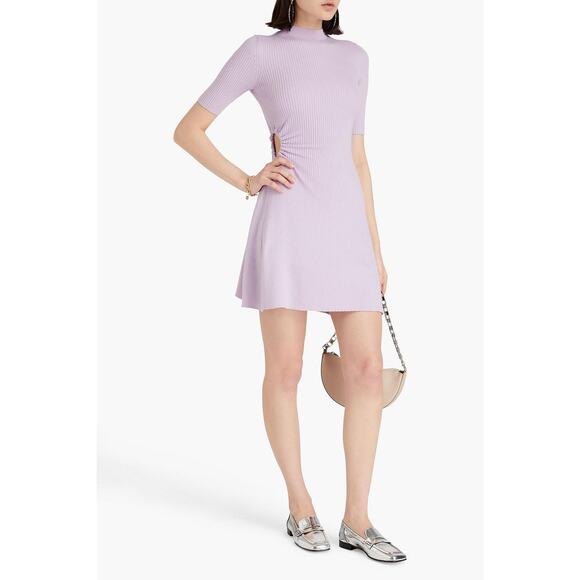 Maje Reine Dress Rib Knit Short Sleeve Mock Neck Fit and Flare Mini Light Purple - Picture 4 of 14